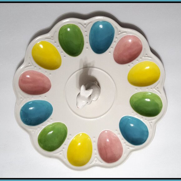 NEW RARE Finch + Robin Bunny Easter Deviled Egg Plate 11.75'' Ceramic NIB - Picture 6 of 7